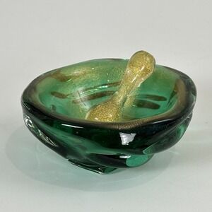 VTG Murano Glass Mortar Pestle Gold Flecks Italy Art Bowl Set 5" Emerald Green